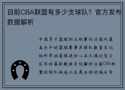 目前CBA联盟有多少支球队？官方发布数据解析